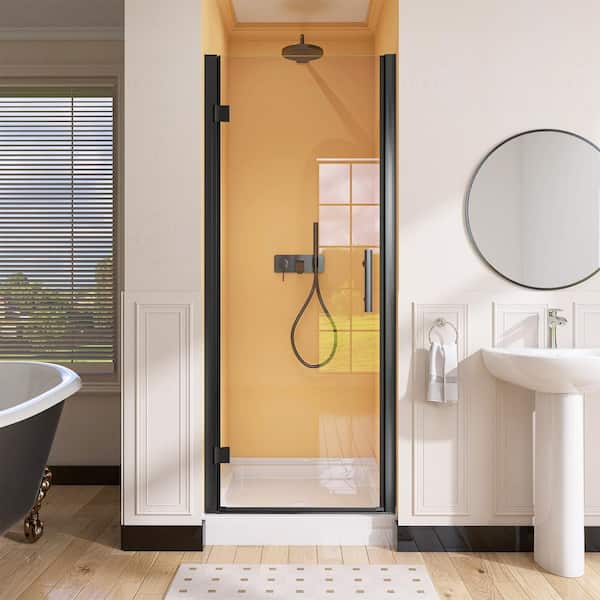 30 to 31.25 in. W x 72 in. H Left Hinged Frameless Pivot Swing Shower Door in Matte Black with Clear Glass and Handle