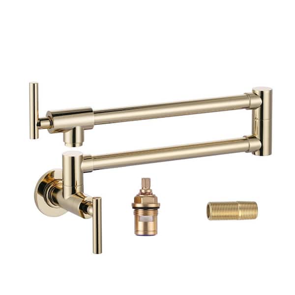 Brass Wall Mount Pot Filler with 2-Handles and Double Joint Swing Arms Folding Kitchen Faucet in Polished Brass