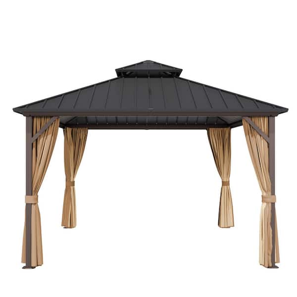 12 ft. x 12 ft. Outdoor Patio Aluminum Frame Gazebo with Double Hardtop Steel Roof, Mosquito Net and Curtains