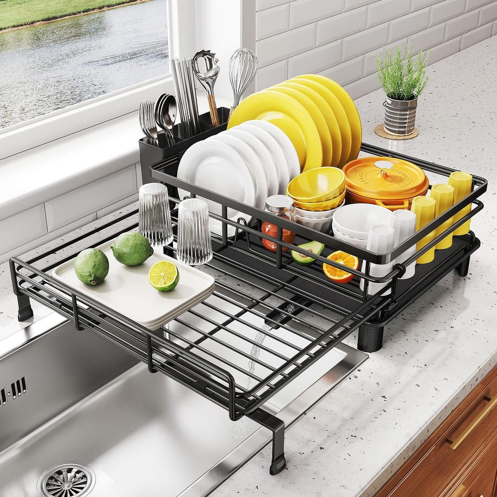 Extendable Black Dish Drying Rack, Large Sink Drying Dish Drainer, Stainless Steel Dish Strainer with Utensil Holder price history on PriceWatchPro