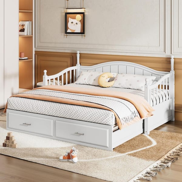 White Twin Size Extendable Daybed with Twin Size Trundle and 2-Storage Drawers