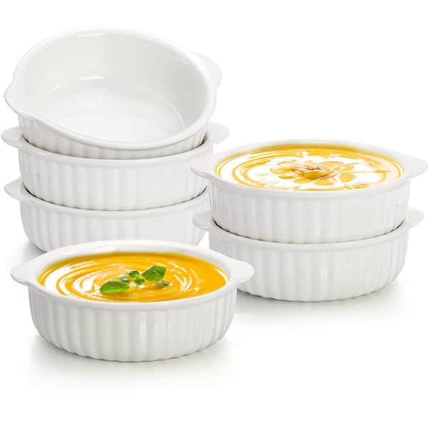 6 Piece Round Porcelain Ramekin Baking Dish Set with Handles Ceramic French Onion Soup Bowls Oven Safe White