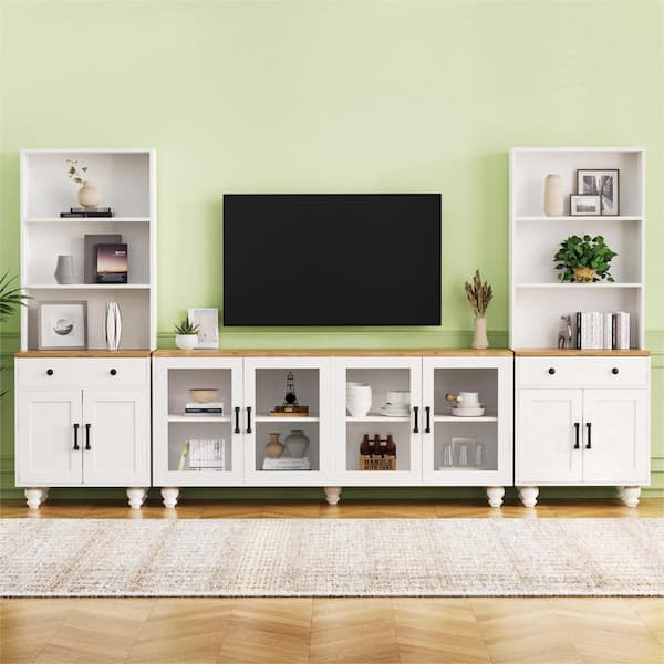 Polibi White plus Walnut TV Stand Fits TV's up to 70 in. with Solid Wood Gourd-Shaped Legs
