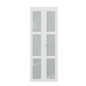 30 in. x 84 in. 3-Lite Tempered Frosted Glass Solid Core MDF White Primed Bi-fold Door with Hardware Kit