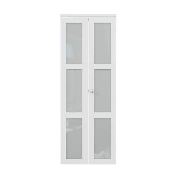 ARK DESIGN 30 in. x 80 in. 3-Lite Tempered Frosted Glass Solid Core MDF White Finished Bi-Fold Door with Hardware Kit