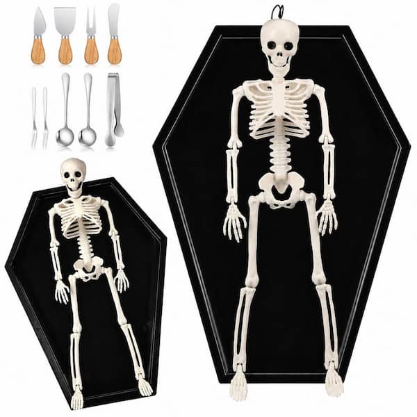8.67 in. Black Stainless Steel Platters Halloween Coffin Charcuterie Board Set w/Skeleton Stand Cheese Knives&Tongs