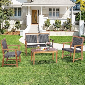 4-Pieces Acacia Wood Frame Patio Rattan Furniture Set Sofa Loveseat Garden