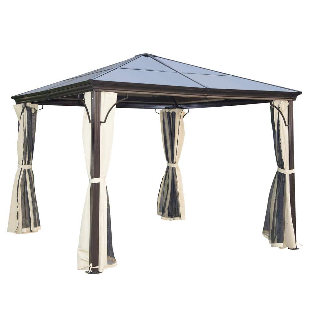 Black Outsunny 10' x 10' Polycarbonate Hardtop Gazebo Canopy Outdoor Double Tier Roof Aluminum Frame with Curtains Netting Sidewalls Patio 
