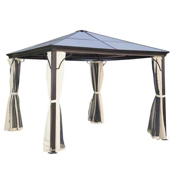 Outsunny 10 ft. x 10 ft. Aluminum Frame and Polycarbonate Hardtop Gazebo Canopy Cover with Mesh Net Curtains and Durability