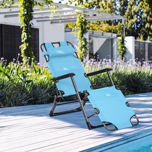 2-In-1 Folding Metal Outdoor Lounge Chair/Pillow, Outdoor Portable Sun Lounger Reclining to 120-degree /180-degree, Blue