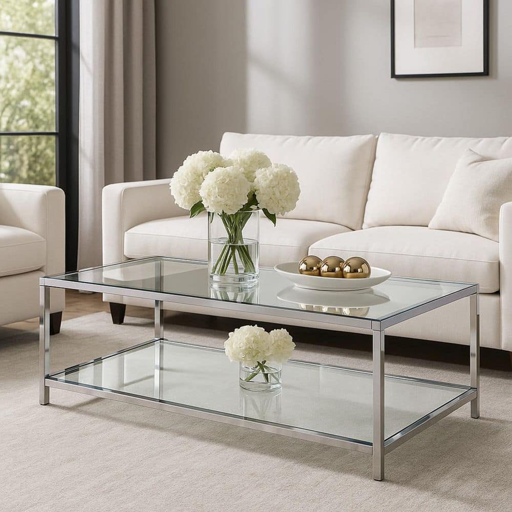24 in. Clear/Silver Rectangle Glass Top Coffee Table with Storage Shelf