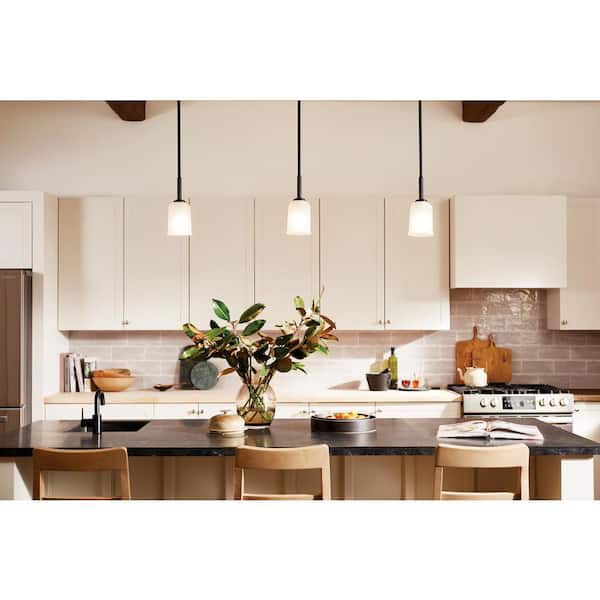 Shailene 1-Light Black Transitional Shaded Kitchen Mini Pendant Hanging Light with Satin Etched Glass