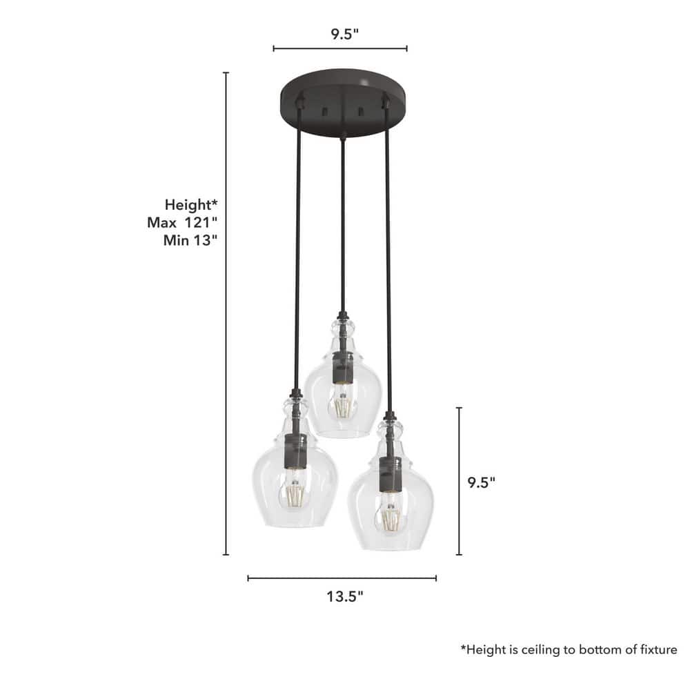 Noble Bronze 3-Light Cluster Pendant with Clear Glass Shades