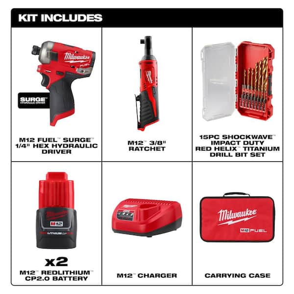 M12 FUEL SURGE 12V 1/4 in. Hex Impact Kit w/ (2) 2. 0Ah Batteries, Bag with M12 3/8 in. Ratchet with 15-Pc Set