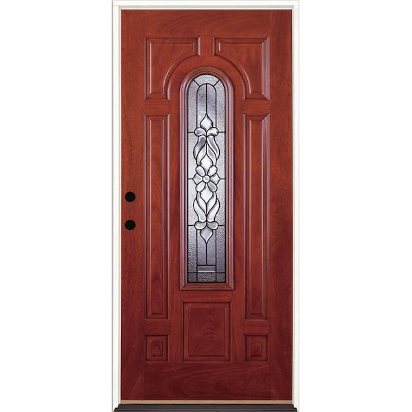Feather River Doors 37.5 in. x 81.625 in. Lakewood Patina Center Arch Stained Cherry Mahogany Right-Hand In Fiberglass Prehung Front Door
