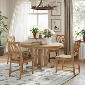 Natural 5-Piece Rustic Wood Extendable Round Outdoor Dining Table Set with 4 Cross Back Dining Chairs Rubberwood Frame