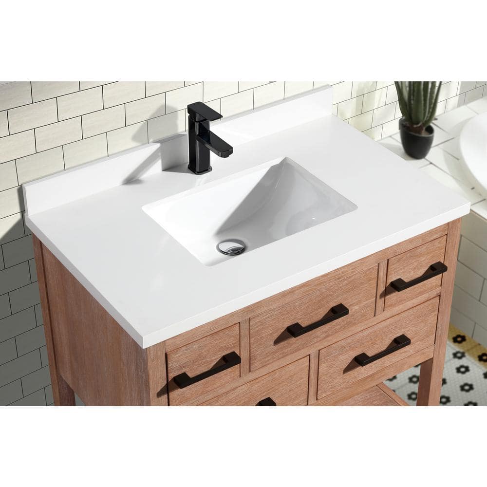 Weathered Brown 36" Solid Wood Farmhouse Vanity with Quartz Top