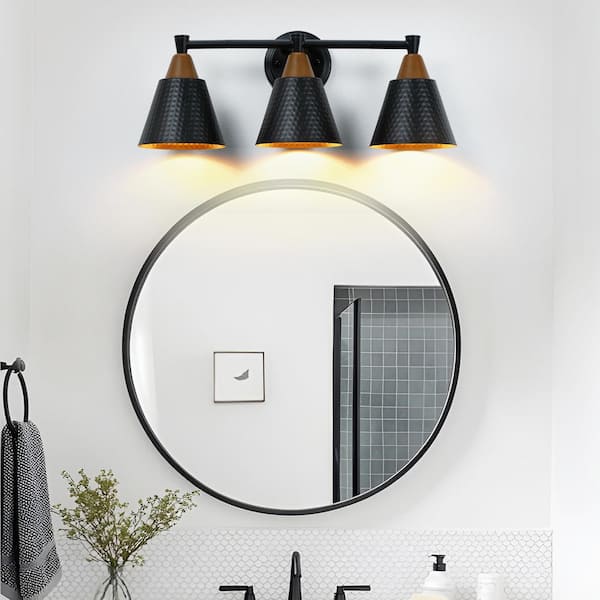 21.65 in. 3 Light Black and Wood Grain Bathroom Vanity Light with Hammered Metal Shade