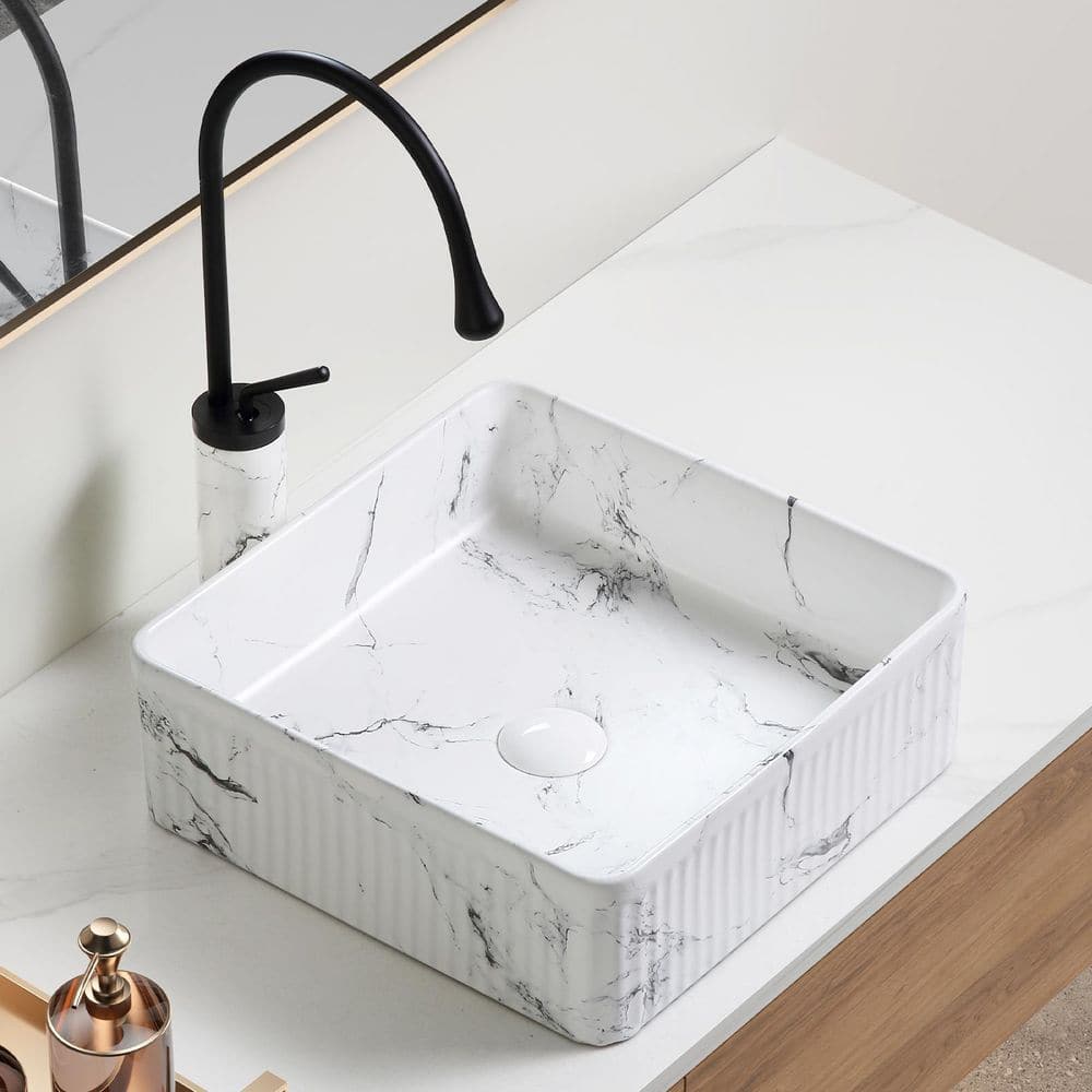 14.8 in. Vessel Square Bathroom Sink in White & Black Ceramic, Faucet and Drain Include price history on PriceWatchPro