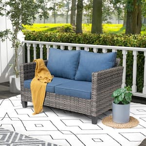 Megon Holly 1-Piece Wicker Outdoor Loveseat with Demin Blue Cushions