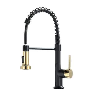 Single Handle Pull Down Sprayer Kitchen Faucet in Matte Black Gold
