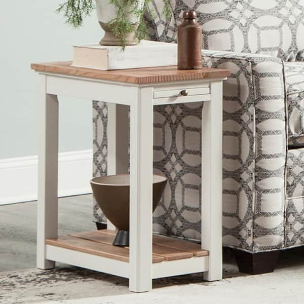 Alaterre Furniture Savannah Ivory Chairside End Table with Pull-Out Shelf with Natural Wood Top