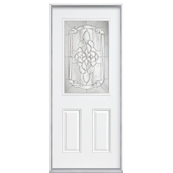 Masonite 36 in. x 80 in. Oakville Deco 1/2 Lite Left Hand Inswing Primed Steel Prehung Front Exterior Door with Brickmold