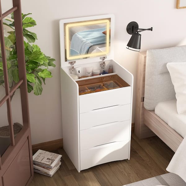 FUFU&GAGA White Makeup Vanity Sets Dressing Chest with Flip-top Mirror, 3-Drawers, See-Through Glass Top, LED Lights and Stool