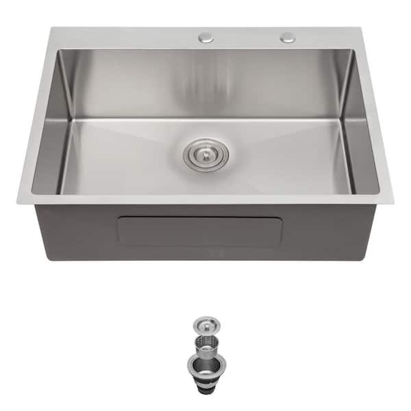 33 in. Drop-in Single Bowl 16 Gauge Brushed Nickel Stainless Steel Kitchen Sink Basin, Includes Drain Assembly