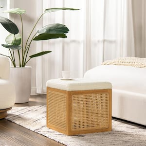 Nina 18 in. Ivory White Boucle Cane Webbing Cube Small Ottoman