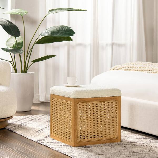 Jennifer Taylor Nina 18 in. Ivory White Boucle Cane Webbing Cube Small Ottoman 84440N MBW MY