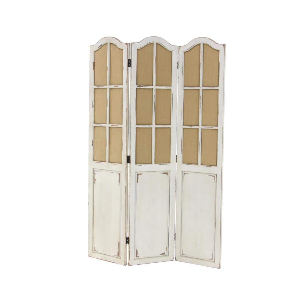 Beige and White Fir Wood Triple Panel Folding Privacy Screen