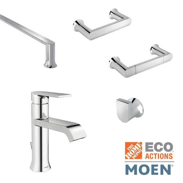 MOEN Genta Single Hole Single-Handle Bath Faucet with 4-Piece Hardware Set in Polished Chrome (18 in. Towel Bar)