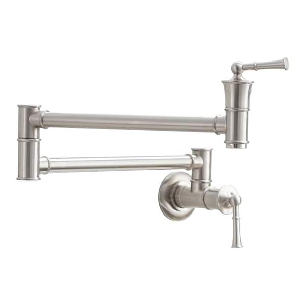 Boyel Living 1.8 GPM Solid Brass Wall Mounted Foldable Kitchen Pot Filler with Mounting Hardware and Double Handle in Brushed Nickel