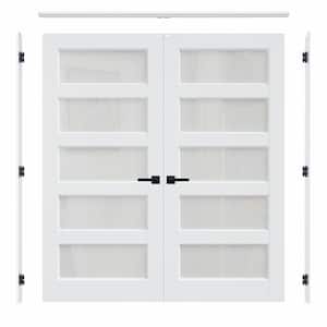 72 in. x 80 in. 5 Lite Frosted Glass Universal White Solid Core Glass Double Prehung French Door + Quick Assemble Jamb