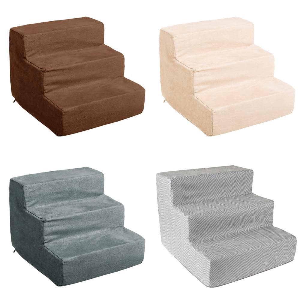 Brown 3-Step High-Density Foam Pet Stairs with Microfiber Cover