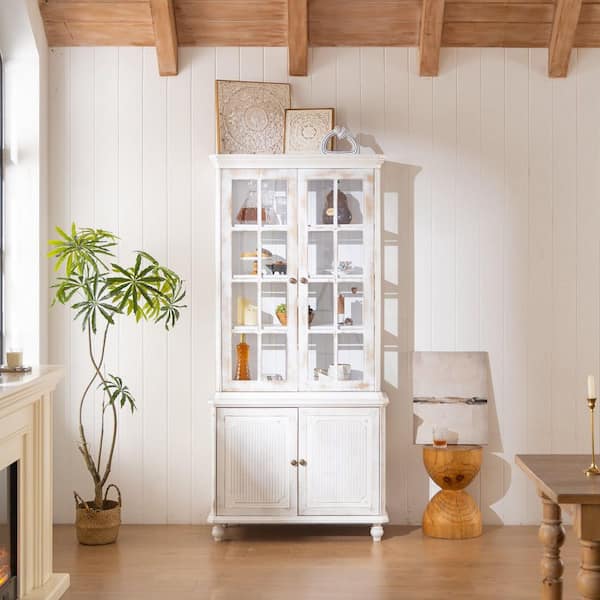 White Washed 77.5 in. Accent Cabinet, Pantry Cabinet with Glass Doors, Hutch Cabinet 3-Sided Glass