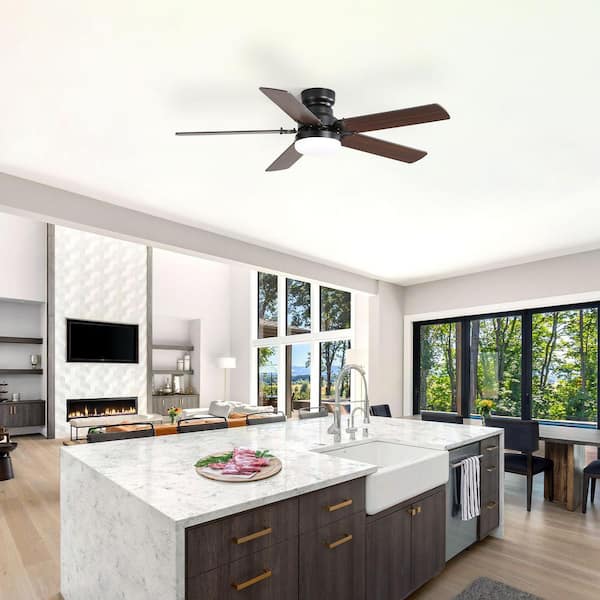 52 in. Indoor Farmhouse Downrod Flush Mount Black Ceiling Fan with LED Light Kit and 6 Speed DC Motor