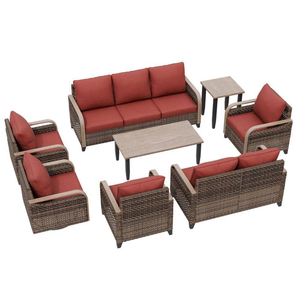 8-piece wicker outdoor patio conversation set with red cushions