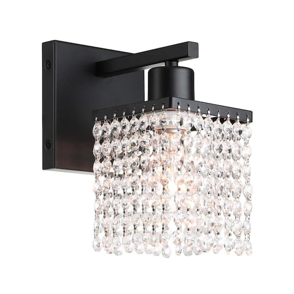 Crystal Wall Sconce, Modern Black Bathroom Light with K9 Clear Crystal Strands Shade, Single Sconce for Bedroom