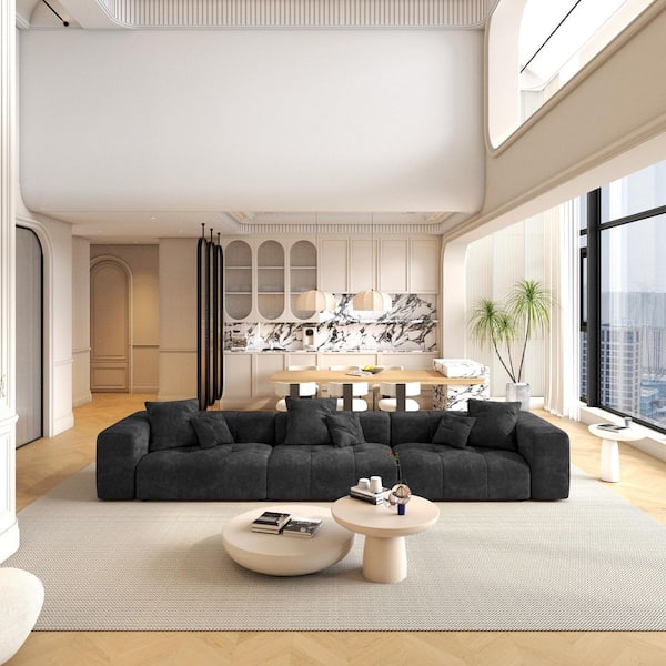 144.17 in. Wide Square Arm Linen Modern Oversized Rectangle Sofa For Living Room in Black