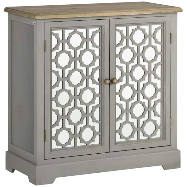 HOMCOM Farmhouse Grey Buffet with Double Glass Doors and Solid Wood Countertop