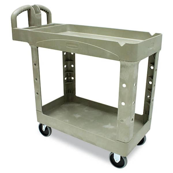 FG450088BEIG Lipped Shelves Rubbermaid Commercial Heavy-Duty 2- Shelf Utility Cart Small Beige Ergo Handle 