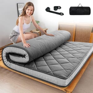 Japanese Floor Mattress 4 in Polyester Fill Tatami Mat Sleeping Pad Foldable Roll Up Mattress Queen Coffee