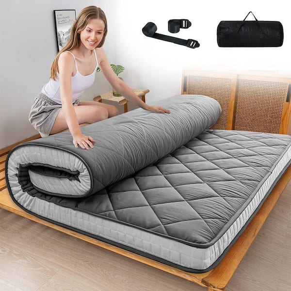 Japanese Floor Mattress 4 in Polyester Fill Tatami Mat Sleeping Pad Foldable Roll Up Mattress Queen Coffee