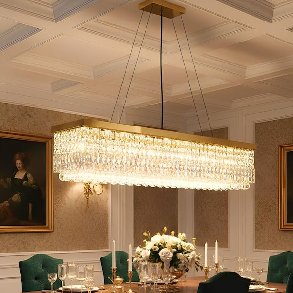 10-Light Gold Modern Rectangle Crystal Chandelier, K9 Pendant Light for Dining Room or Kitchen Island