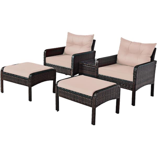 Costway Brown 5-Piece Rattan Wicker Patio Conversation Ottoman Sofa Coffee Table Set with Yellowish Cushion