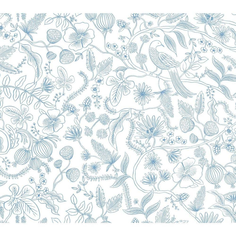Blue and Cream Floral Botanical Peel and Stick Wallpaper Roll
