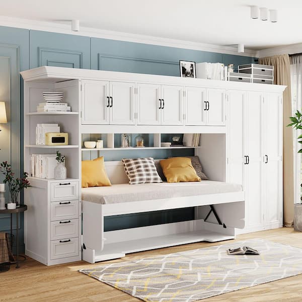 Rumba White Wood Frame Twin Size Murphy Bed with Wardrobe, Cabinet and Desk