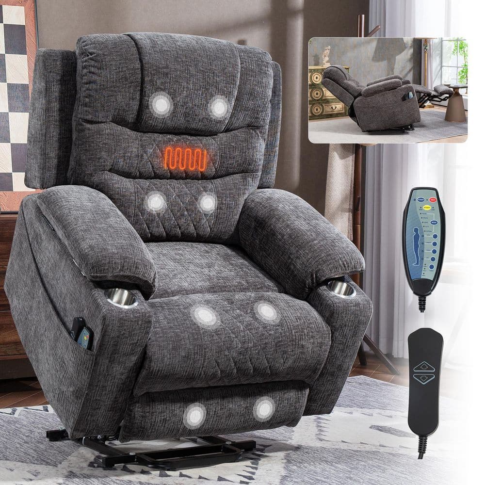 Grey Extended Footrest and Extra Wide Comfort Chenille Power Lift Recliner 